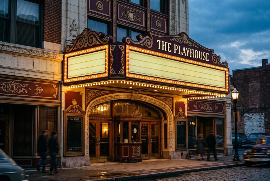 A vintage neighborhood playhouse at dusk